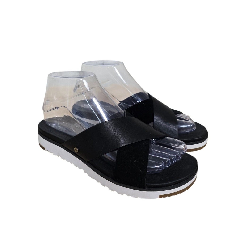 UGG Kari Black Leather Suede Crisscross‎ Slide Sandals 1090389 Womens 6.5
